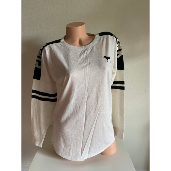 Victoria’s Secret PINK Long Sleeve Varsity Crew Tee Shirt Top Foil Stripes XS - Picture 1 of 6